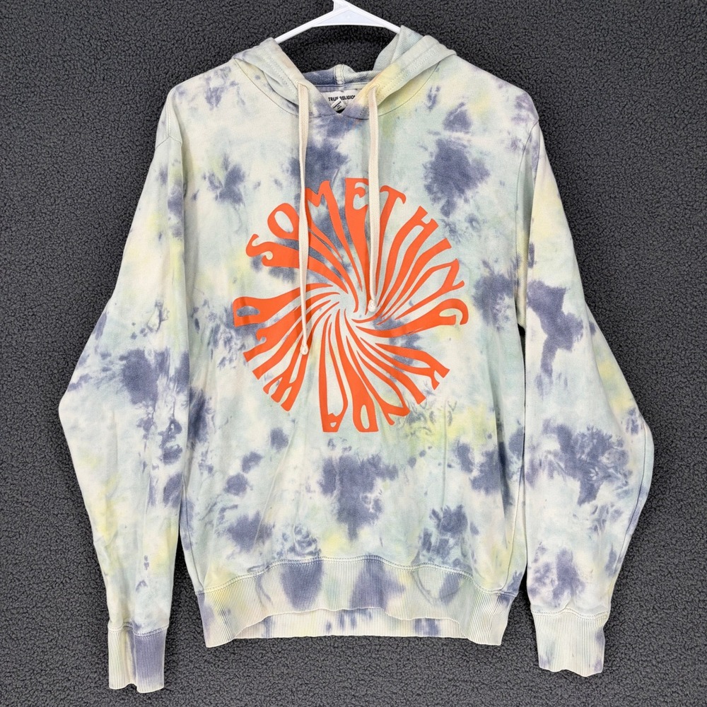 True Religion Tie Dye Hoodie Mens Small Blue Yellow Swirl Graphic RN112790